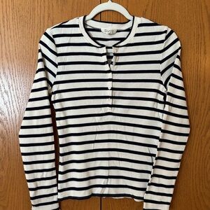 Nili Lotan Navy and Cream Striped Ribbed Long Sleeve Tee